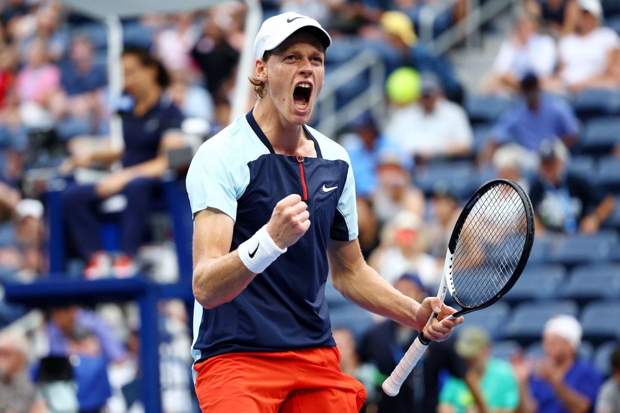 Jannik Sinner of Italy celebrates after defeating Daniel Altmaier of Germany in their Men's Singles First Round match on Day Two of the 2022 U.S. Open at USTA Billie Jean King National Tennis Center on Aug. 30, 2022, in Flushing, Queens.