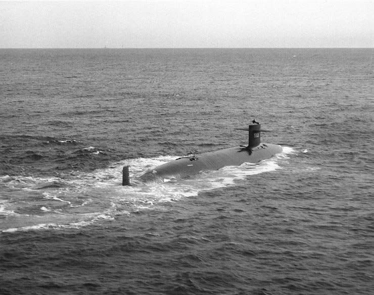 On April 10, 1963, the U.S. nuclear submarine Thresher, pictured in 1961, sank in the Atlantic Ocean 220 miles east of Boston. All 129 men on board were lost. File Photo by J.L. Snell/Naval Historical Center