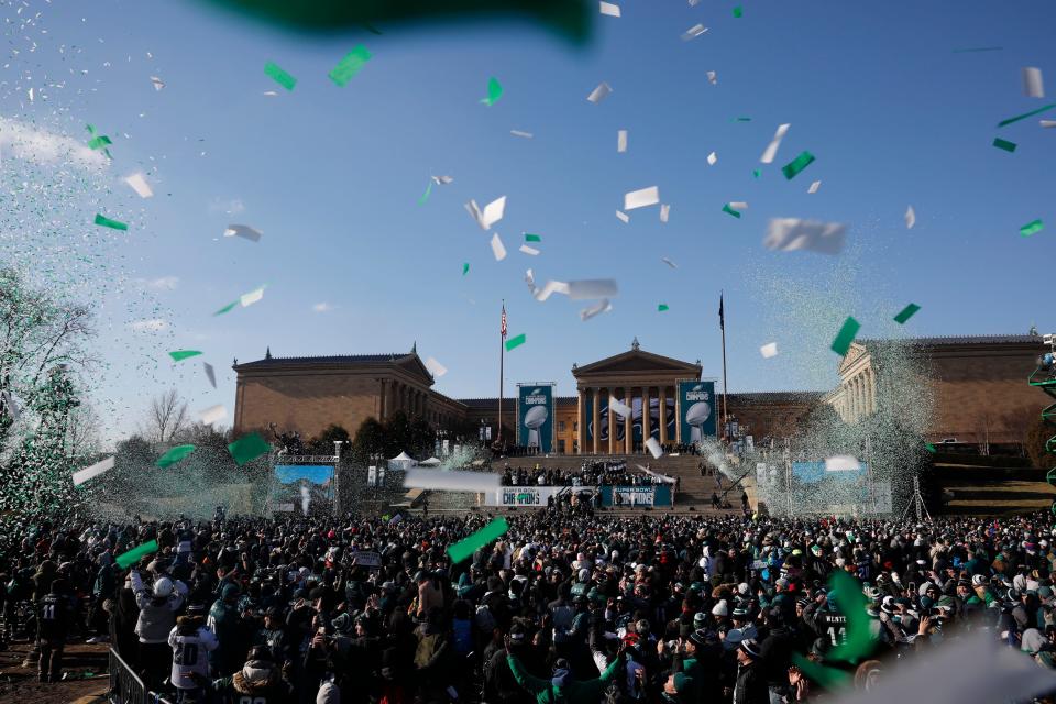 Fans celebrate during the Philadelphia Eagles Super Bowl ceremony on February 8, 2018 in Philadelphia, Pennsylvania.