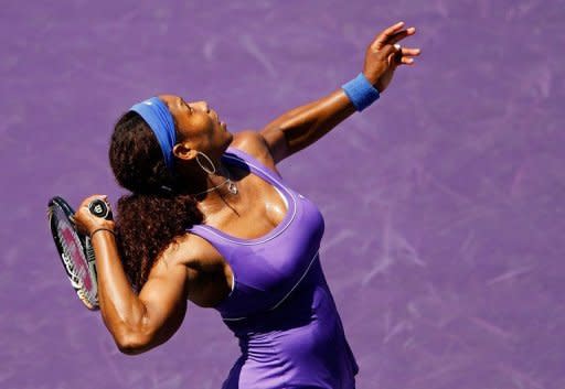 Serena Williams, seen here in action against Zhang Shuai of China during Day 4 of the Sony Ericsson Open at Crandon Park Tennis Center in Key Biscayne, Florida. Serena, saying she felt nervous and rusty, made a triumphant WTA return from a left ankle injury, defeating Zhang 6-2, 6-3