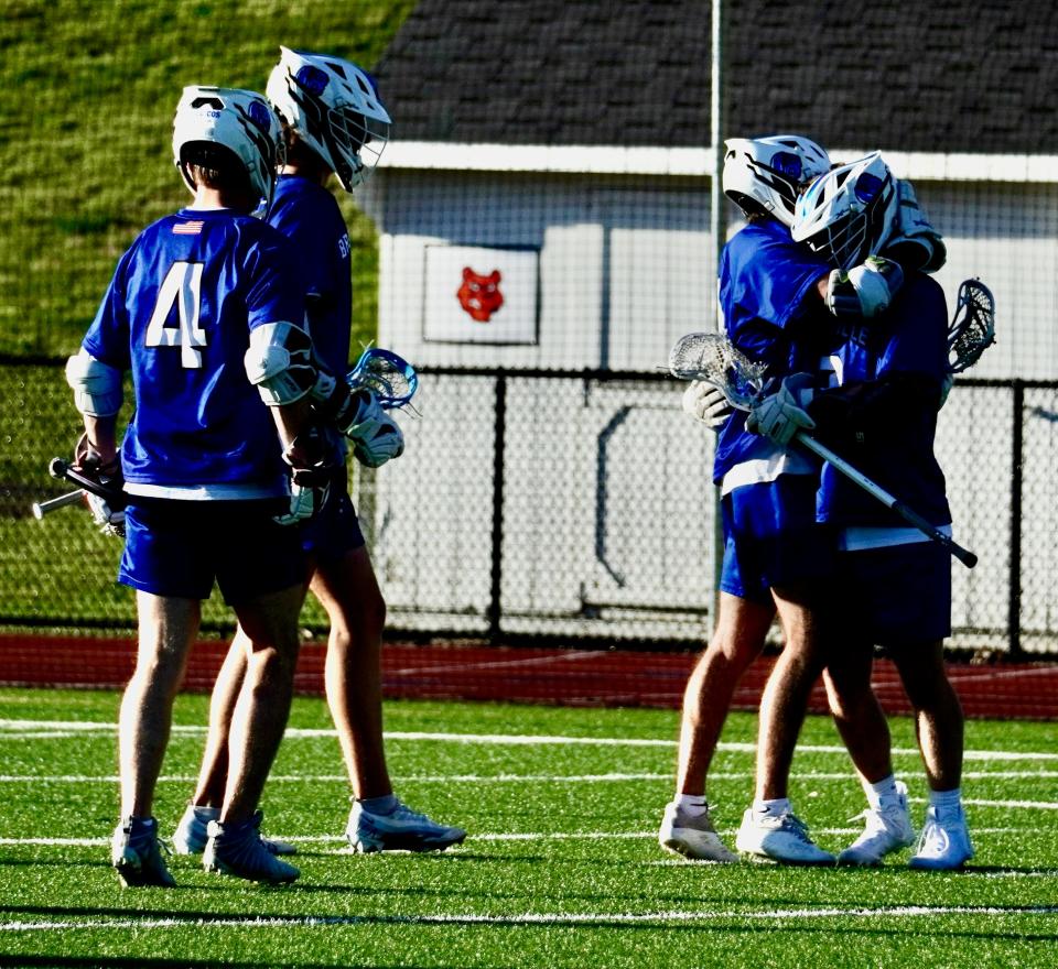 Bronxville attackman Chris Patterson was part of six celebratory hugs in the second half and one wild celebration after he set up the winning goal in overtime at Briarcliff on May 9, 2022.