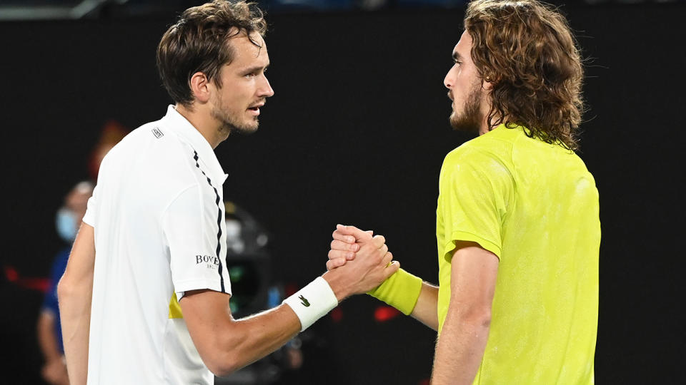 Daniil Medvedev and Stefanos Tsitsipas, pictured here after their clash in the Australian Open semi-finals.