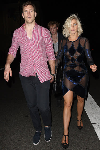 It happens to the best of them. Julianne Hough showed off her amazing body in a sheer, long-sleeved blue-and-white dress at the <em>Dancing With the Star</em>s Season 20 wrap party on Tuesday night, but suffered a major wardrobe malfunction as she was leaving Beso in Hollywood, Calif. The eye-catching dress noticeably shifted, causing a nip slip. The 26-year-old actress/dancing pro was hand-in-hand with her boyfriend, NHL player Brooks Laich, at the time. Splash News Splash News <strong>PHOTOS: Hollywood's Most Epic Wardrobe Malfunctions</strong> But between Brooks' disheveled looking shirt and her slightly askew dress, at least it appears the couple had an epic time at the party! Julianne's 31-year-old hockey-playing boyfriend gave his gal a sweet shout-out on Tuesday, Instagramming this sweet snap of the two at the <em> DWTS</em> finale. The attractive pair has been dating since February 2014. "So proud of my m'lady @juleshough for her dance tonight, and wrapping up another season of #DWTS!" Brooks wrote. <strong>NEWS: Julianne Hough Reveals Surprising Body Insecurities</strong> In December, the <em> Safe Haven</em> actress revealed how she keeps her amazing shape in a sexy cover photoshoot for <em>Shape</em> magazine. Watch below: