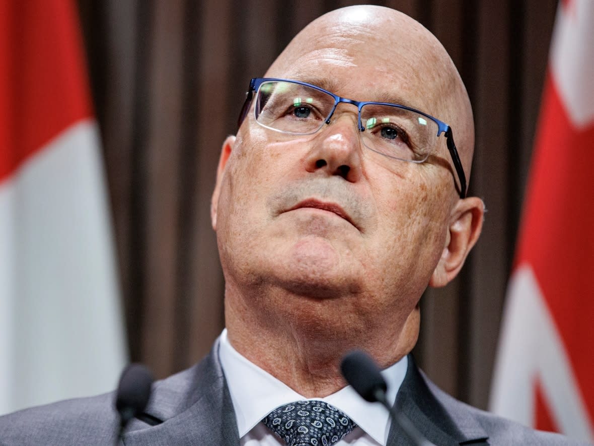 Steve Clark, minister of municipal affairs and housing, addresses members of the media at Queen's Park in Toronto on Oct. 25, 2022. Clark has said he wants to work with municipalities to reach their housing targets. (Evan Mitsui/CBC - image credit)