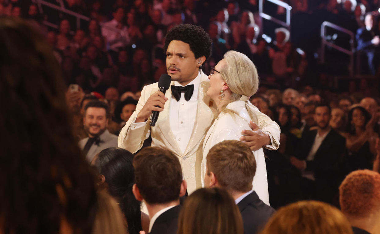 Trevor Noah and Meryl Streep during the Grammy Awards at Crypto.com Arena on Feb. 4, 2024 in Los Angeles. (Kevin Mazur / Getty Images for The Recording A)