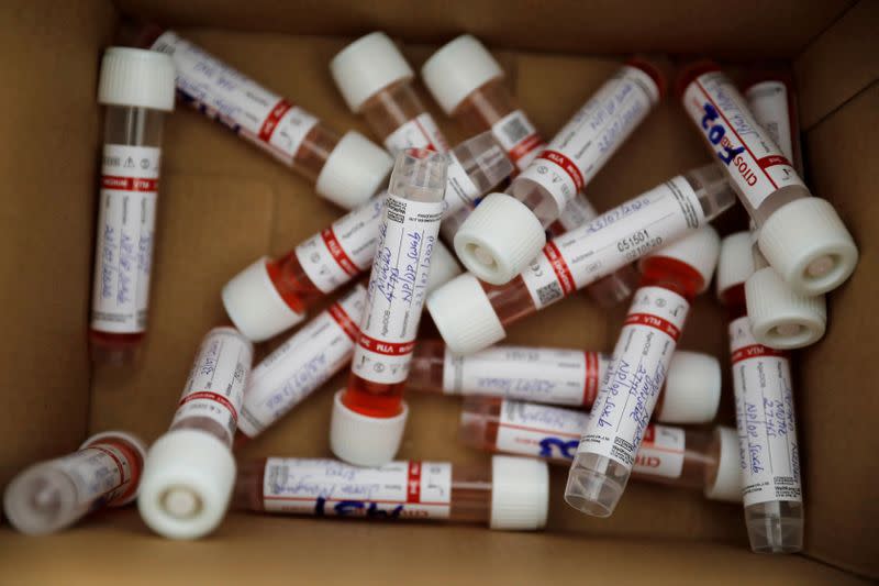 FILE PHOTO: COVID-19 test tubes are seen inside a field hospital built on a soccer stadium in Machakos