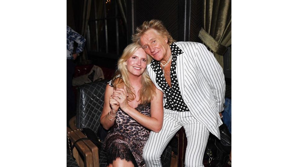 LAS VEGAS, NEVADA - AUGUST 03: Penny Lancaster Stewart and Sir Rod Stewart celebrate the 1 Year anniversary of Wolfie's Whisky at The Barbershop Cuts & Cocktails Las Vegas on August 03, 2024 in Las Vegas, Nevada. (Photo by Denise Truscello/Getty Images for Wolfie's Whisky/The Barbershop Las Vegas)