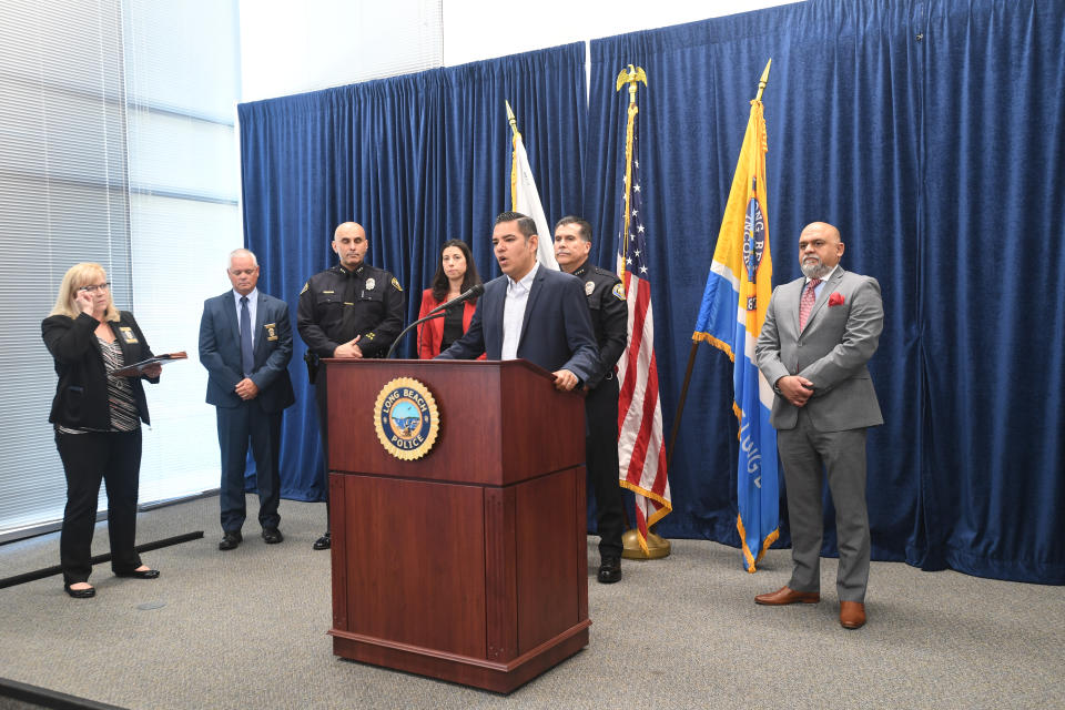 LONG BEACH, CA - AUGUST 21: Long Beach mayor Robert Garcia speaks to the media after police announced the arrest of 37-year-old Rodolfo Montoya for making threats of violence against his workplace, the Marriott Long Beach near the airport in Long Beach on Wednesday, August 21, 2019. Police searched the suspects home and seized multiple weapons along with hundreds of rounds of ammunition and tactical gear. (Photo by Brittany Murray/MediaNews Group/Long Beach Press-Telegram via Getty Images)