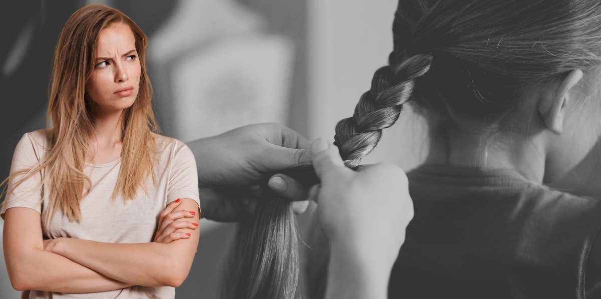 woman braiding little girl's hair, upset woman standing with arms crossed