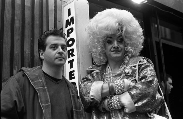 Comedians Mark Thomas and Paul O&#39;Grady (in character as Lily Savage), Soho, London, United Kingdom, 1993. (Photo by Martyn Goodacre/Getty Images)