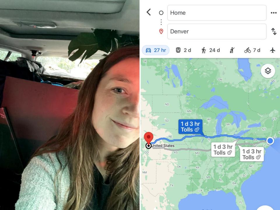A selfie of the author and a screenshot of google maps from Brooklyn to Denver.