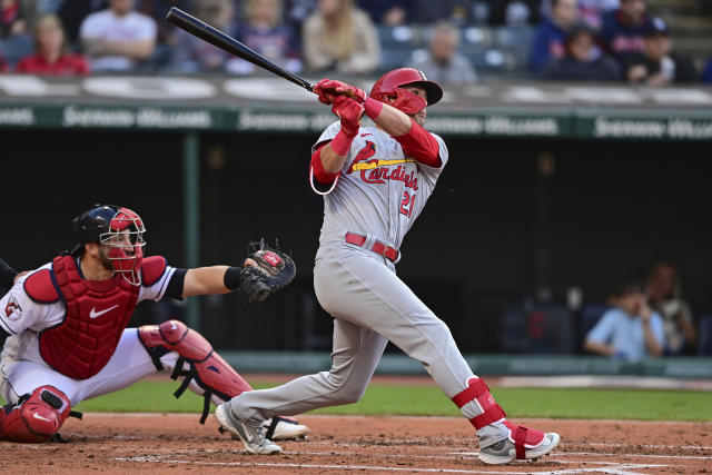 St. Louis Cardinals' Lars Nootbaar follows through on a single during the third inning of the team's baseball game against the Cleveland Guardians, Friday, May 26, 2023, in Cleveland. (AP Photo/David Dermer)