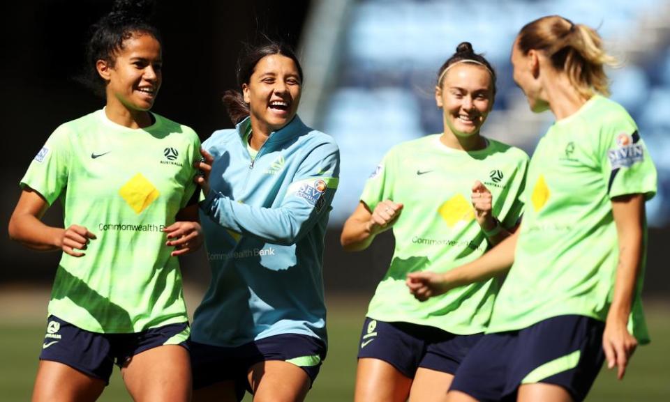 Fowler with Matildas teammates Sam Kerr, Caitlin Foord and Emily Van Egmond.