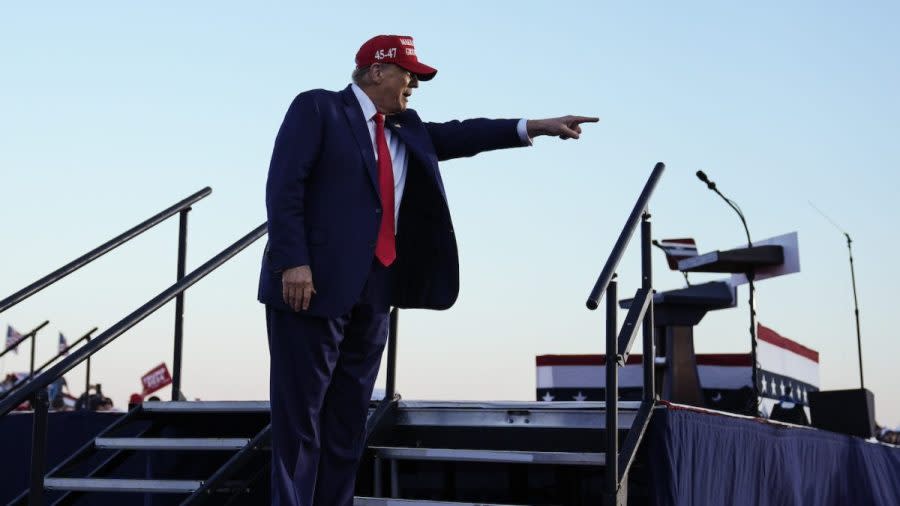Republican presidential candidate former President Donald Trump departs from a campaign rally in Wildwood, N.J., Saturday, May 11, 2024. (AP Photo/Matt Rourke)