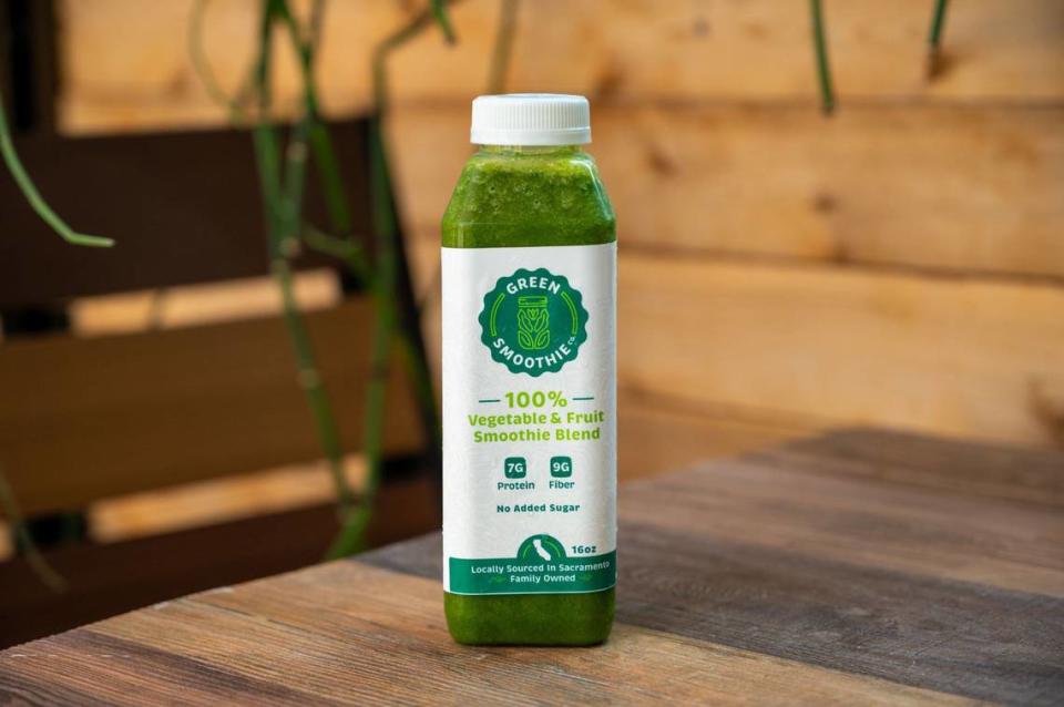 The 16-ounce bottle of Green Smoothie Co. vegetable and fruit smoothie blend is available at the Sacramento Natural Foods Co-op.