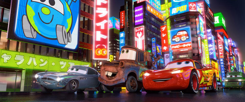 CARS 2, l-r: Finn McMissile, Mater, Lightning McQueen, 2011, ©Buena Vista Pictures/courtesy Everett Collection