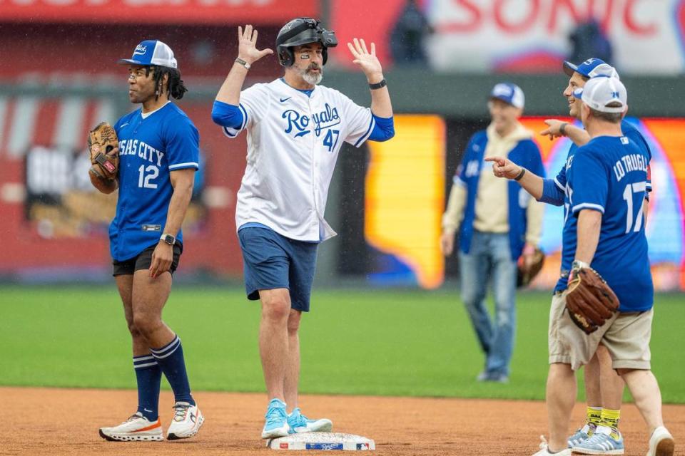 Actor Bob Riggle makes it to second base during the Big Slick celebrity softball game at Kauffman Stadium on Friday, May 31, 2024, in Kansas City.