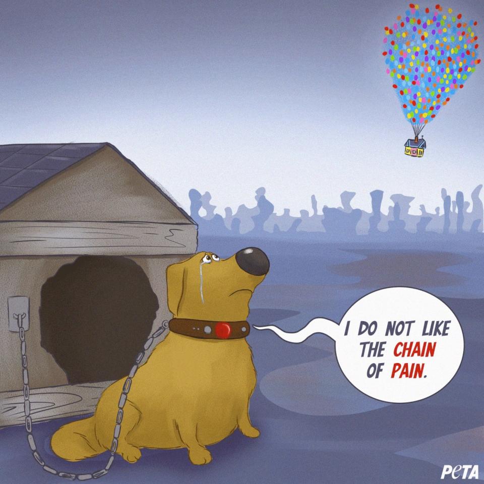 An illustration showing Doug from "Up" chained to his dog house, while saying "I do not like the chain of pain."
