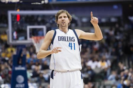 Jan 22, 2017; Dallas, TX, USA; Dallas Mavericks forward Dirk Nowitzki (41) reacts after scoring against the Los Angeles Lakers during the first quarter at the American Airlines Center. Mandatory Credit: Jerome Miron-USA TODAY Sports
