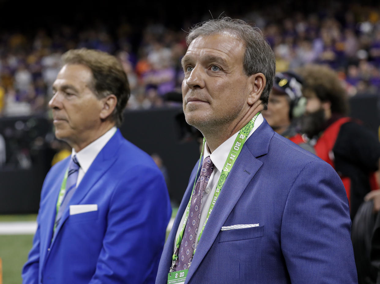 NEW ORLEANS, LA - JANUARY 13: Head Coach Nick Saban of the Alabama Crimson Tide and Head Coach Jimbo Fisher of the Texas A&M Aggies on the sidelines talking during of the College Football Playoff National Championship game with the LSU Tigers playing against the Clemson Tigers at the Mercedes-Benz Superdome on January 13, 2020 in New Orleans, Louisiana. LSU defeated Clemson 42 to 25. (Photo by Don Juan Moore/Getty Images)