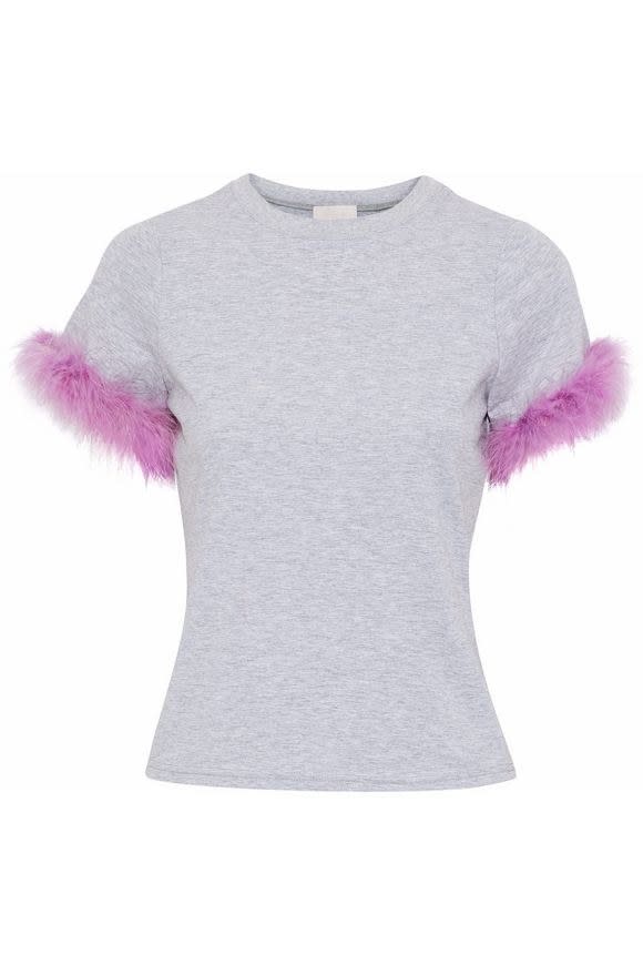 Zoie Feather-trimmed Mélange Stretch-cotton Jersey T-shirt