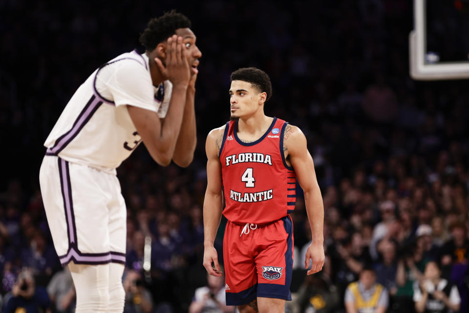 Kansas State's David N'Guessan (3) reacts a foul call in the second half of an Elite 8 college basketball game against Florida Atlantic in the NCAA Tournament's East Region final, Saturday, March 25, 2023, in New York. (AP Photo/Adam Hunger)
