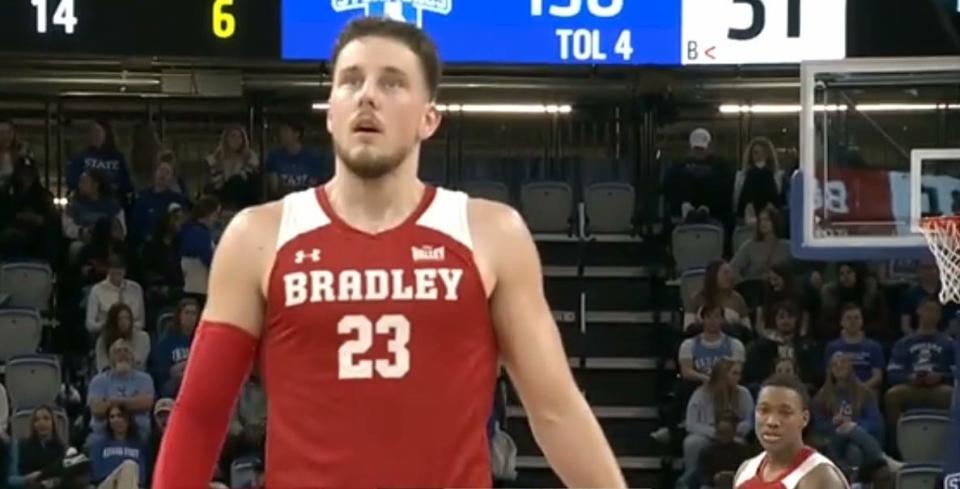 Bradley guard Ville Tahvanainen stands at the free throw line, where he extended his streak of made free throws to 34, the fourth-longest in Braves history. He made his first five at Hulman Center before the streak ended in a BU win over Indiana State on Wednesday, Jan. 18, 2023.