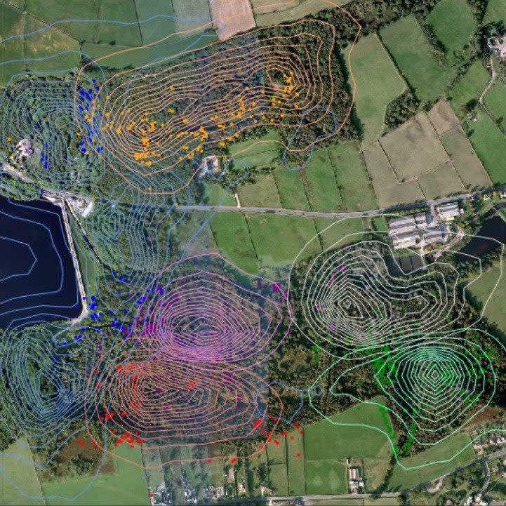 An aerial photograph showing the patterns on the landscape created by the mathematical models, when scientists tracked flocks of long-tailed tits  - PA