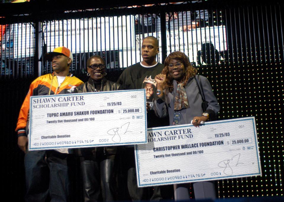 Dame Dash and Carter posed with Afeni Shakur, mother of Tupac Shakur, and Voletta Wallace, mother of the Notorious B.I.G., as they presented them with donations from the Shawn Carter Scholarship Fund, which was founded in 2003 by JAY-Z and his mother Gloria Carter.