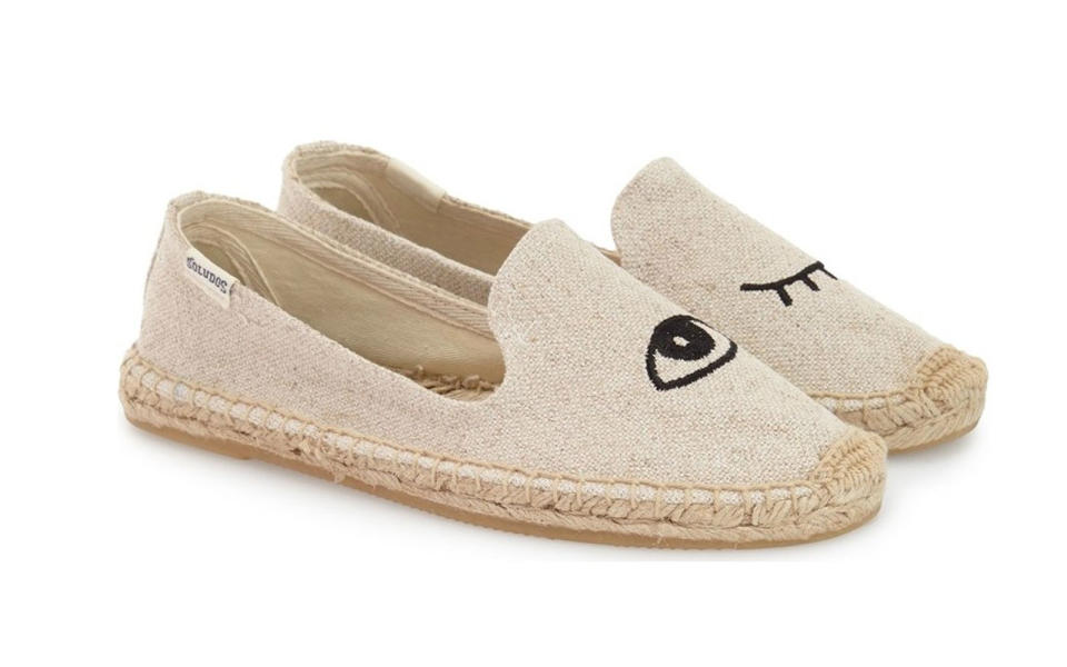 <p>For the ultimate cheeky weekend accessory, see cult espadrille brand Soludos’ collaboration with quirky artist Jason Polan. The <a rel="nofollow noopener" href="https://click.linksynergy.com/fs-bin/click?id=93xLBvPhAeE&subid=0&offerid=390098.1&type=10&tmpid=8158&RD_PARM1=http%253A%252F%252Fshop.nordstrom.com%252Fs%252Fsoludos-jason-polan-espadrille-sandal-women%252F4186084&u1=TL_WalkingShoes" target="_blank" data-ylk="slk:limited-edition shoes;elm:context_link;itc:0;sec:content-canvas" class="link ">limited-edition shoes</a> ($75) come in both black and sand, and are embroidered with a pair of winking eyes.</p>