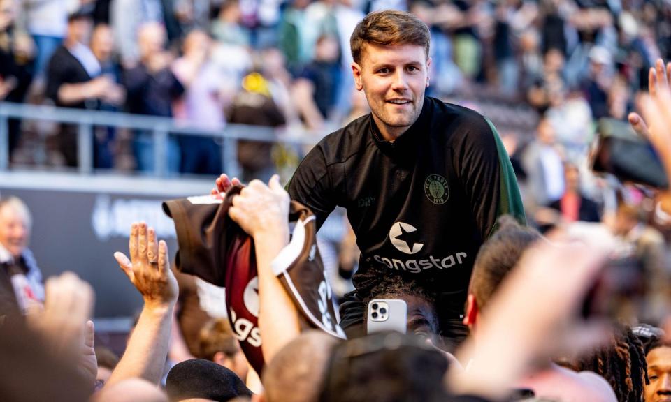 <span>Fabian Hürzeler, pictured celebrating St Pauli’s promotion, has a data-driven management style and has drawn comparisons to Julian Nagelsmann.</span><span>Photograph: Dpa Picture Alliance/Alamy</span>