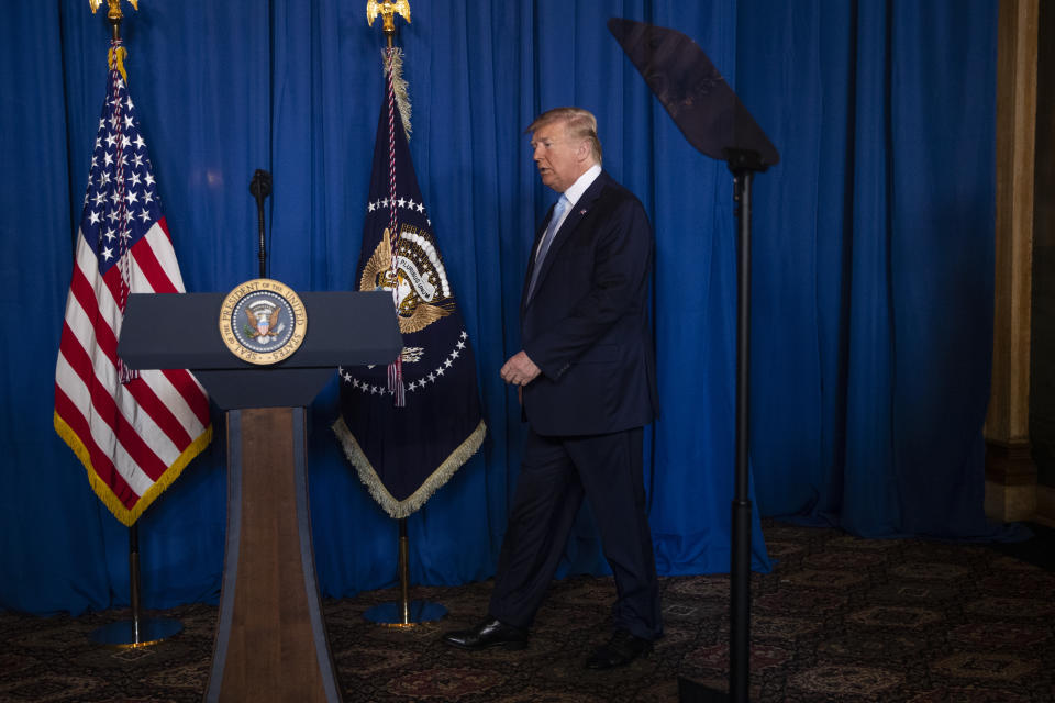 President Donald Trump arrives to deliver remarks on Iran, at his Mar-a-Lago property, Friday, Jan. 3, 2020, in Palm Beach, Fla. (AP Photo/ Evan Vucci)