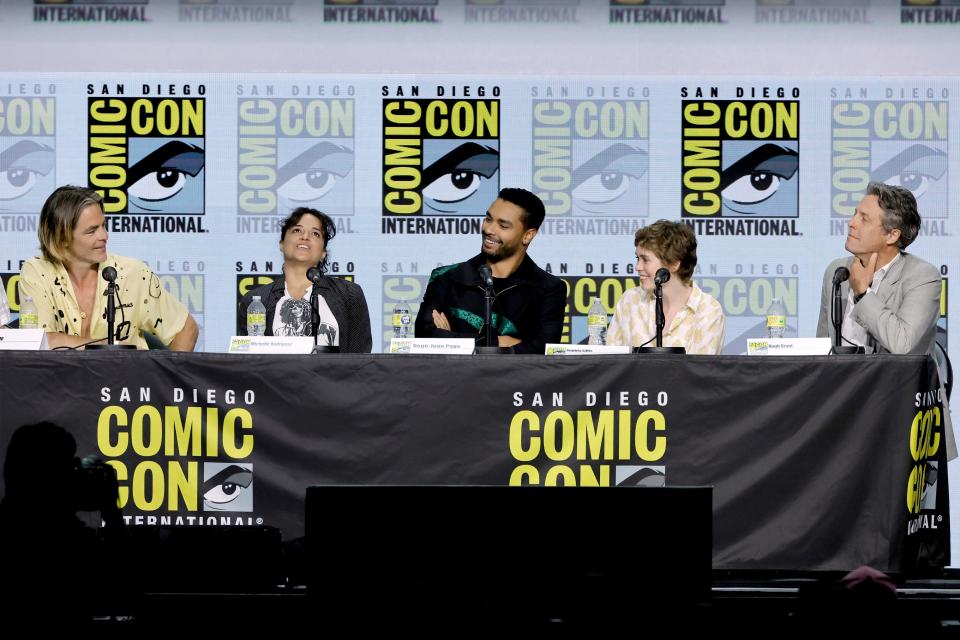 Chris Pine, Michelle Rodriguez, Regé-Jean Page, Sophia Lillis, and Hugh Grant speak onstage at the "Dungeons & Dragons: Honor Among Thieves" panel during 2022 Comic-Con International: San Diego at San Diego Convention Center on July 21, 2022 in San Diego, California.