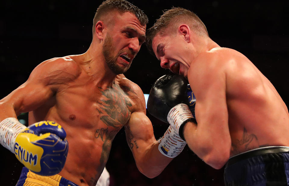 LONDON, ENGLAND - AUGUST 31:  Vasily Lomachenko (left) and Luke Campbell are pictured during the WBA, WBO, WBC Lightweight World Title contest between Vasily Lomachenko and Luke Campbell at The O2 Arena on August 31, 2019 in London, England. (Photo by Richard Heathcote/Getty Images)