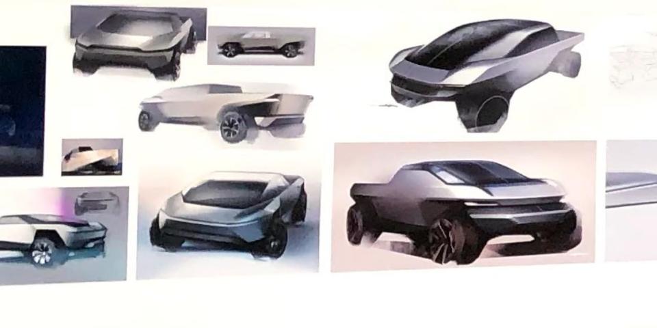 Other sketches in the picture are more reminiscent of Tesla's current prototype.