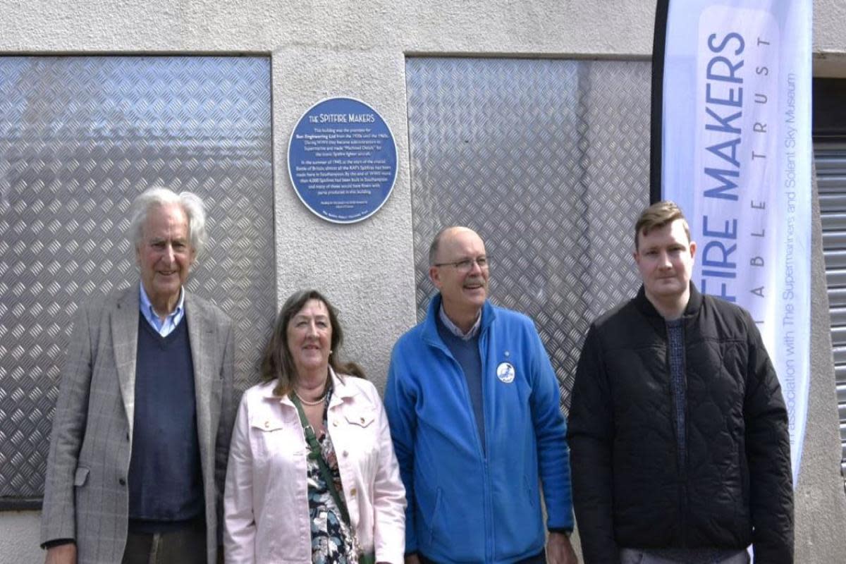 David Rule, Glynis O'Connor, Alan Matlock, and Robert True at the former Spitfire workshop in Newman Street, Shirley <i>(Image: Spitfire Makers)</i>