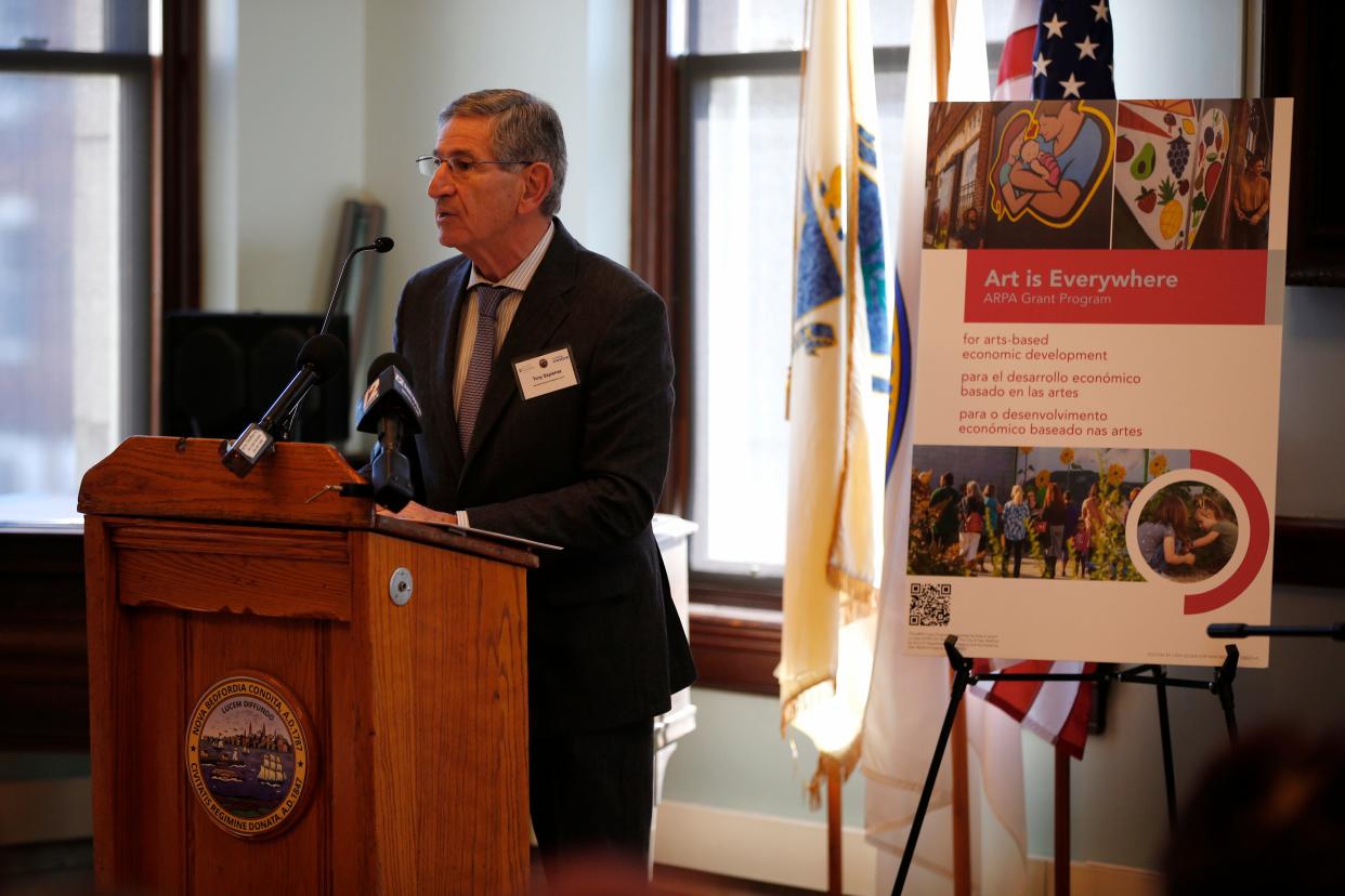 Tony Sapienza, President of the New Bedford Economic Development Council, speaks at a ceremony held at the downtown New Bedford Public Library where New Bedford Creative announced the release of eighty two grant awards totaling $509,200.