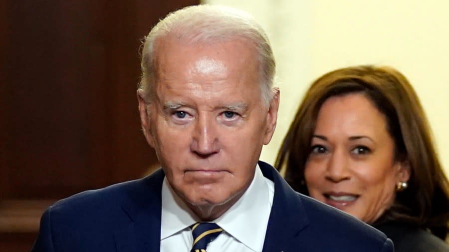 President Biden and Vice President Harris arrive for an event to establish the Emmett Till and Mamie Till-Mobley National Monument, in the Indian Treaty Room in the Eisenhower Executive Office Building on the White House campus, Tuesday, July 25, 2023, in Washington.