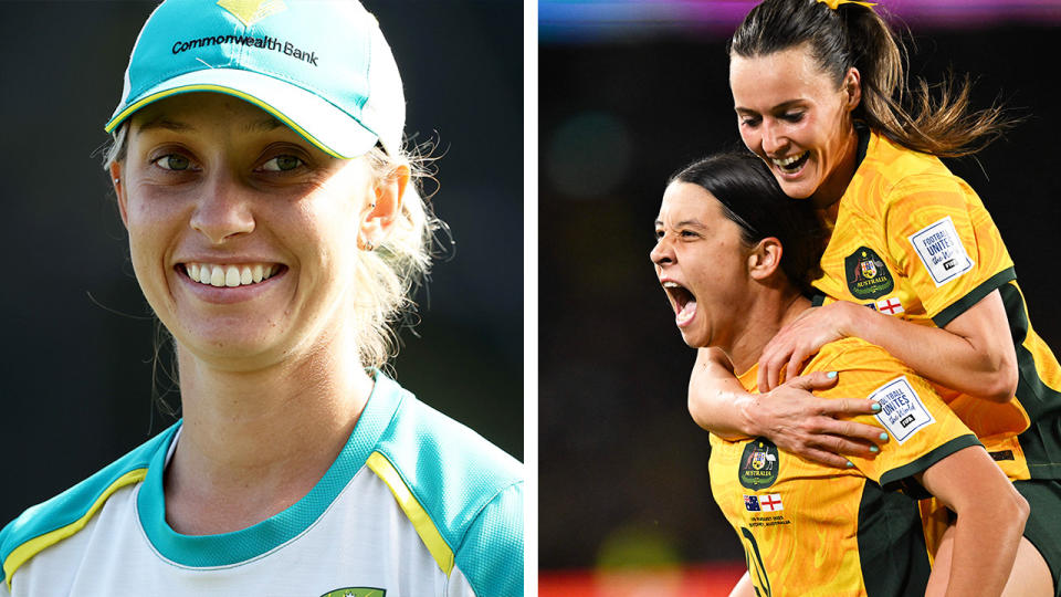 Ash Gardner smiles and Matildas star Sam Kerr celebrates.