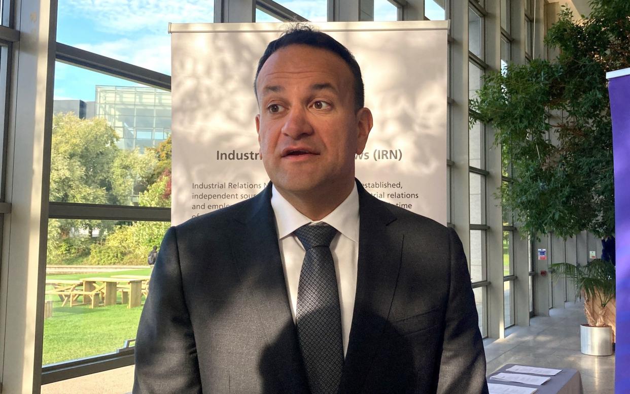 Leo Varadkar, Ireland’s deputy prime minister, discussing the Northern Ireland Protocol at an industrial relations conference in Dublin on Thursday - Michelle Devane/PA