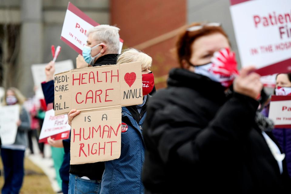 Mission nurses participated in a country-wide event hosted by their union, National Nurses United, to demand that hospital employers put patients first above profit motives January 27, 2021 in Asheville.