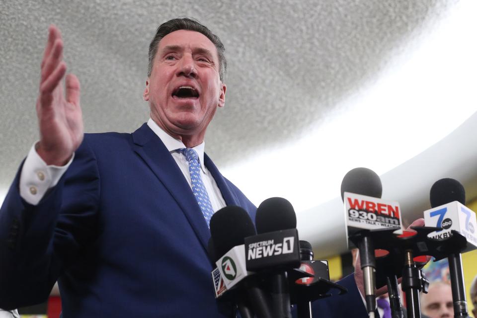 Erie County District Attorney John Flynn speaks at a press conference after a shooting at a supermarket on Saturday, May 14, 2022, in Buffalo, N.Y. (AP Photo/Joshua Bessex)