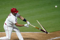 Los Angeles Angels' Albert Pujols breaks his bat as he pops out during the third inning of the team's baseball game against the Arizona Diamondbacks on Wednesday, Sept. 16, 2020, in Anaheim, Calif. (AP Photo/Marcio Jose Sanchez)