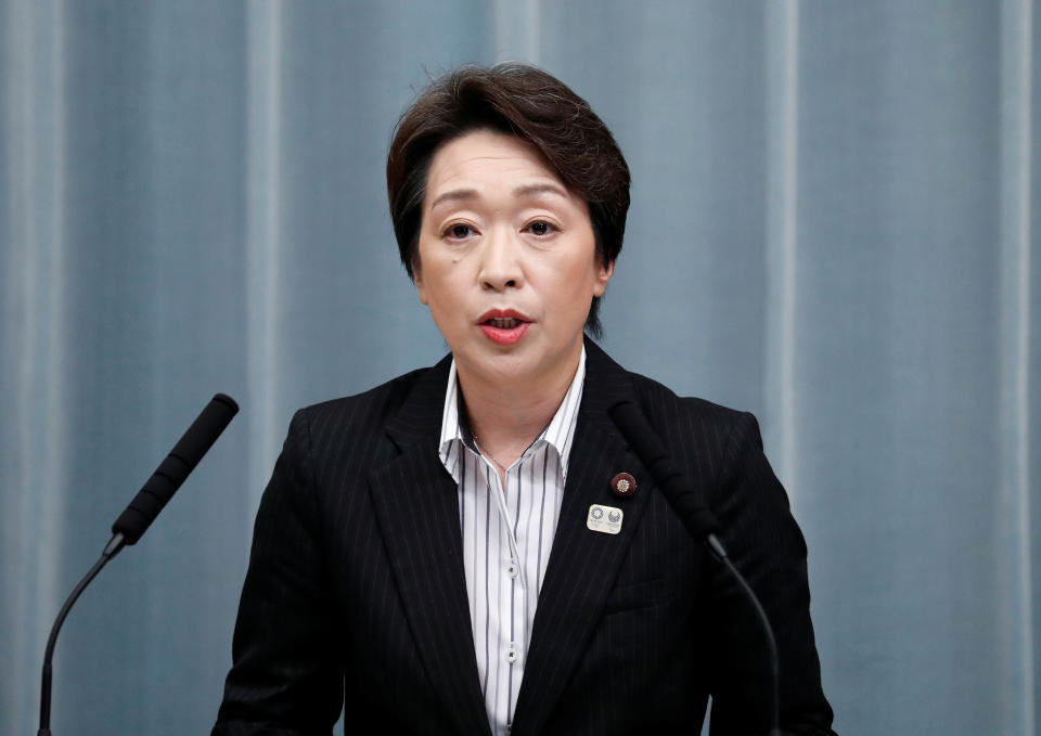 Japan's Olympics Minister Hashimoto attends a news conference at PM Abe's official residence in Tokyo