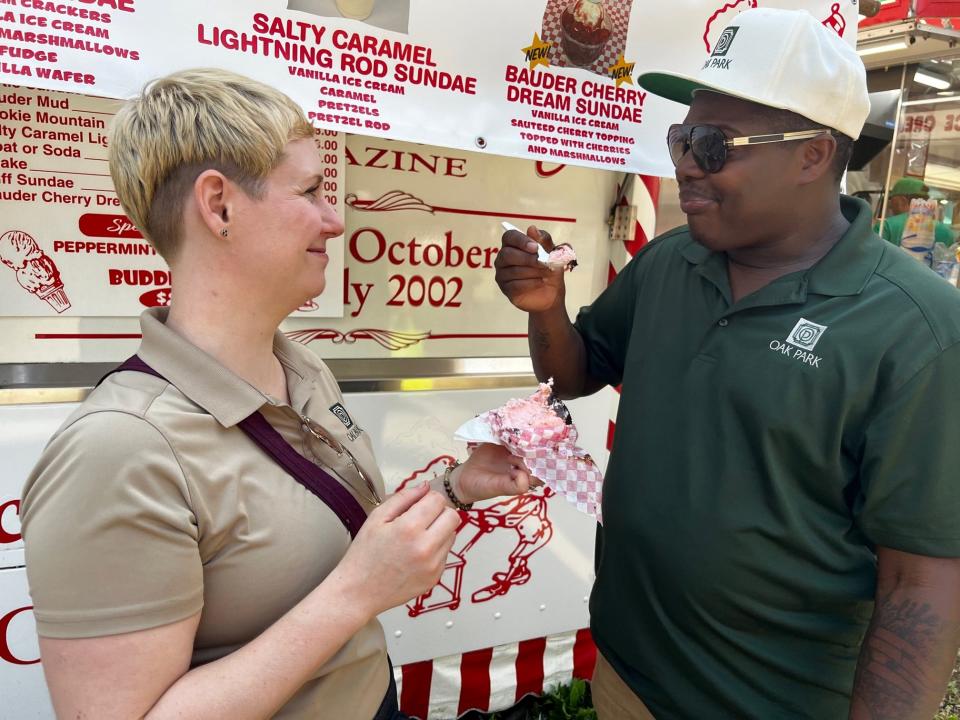Jess and Ian Robertson try the Bauder's peppermint bar at the Iowa State Fair.