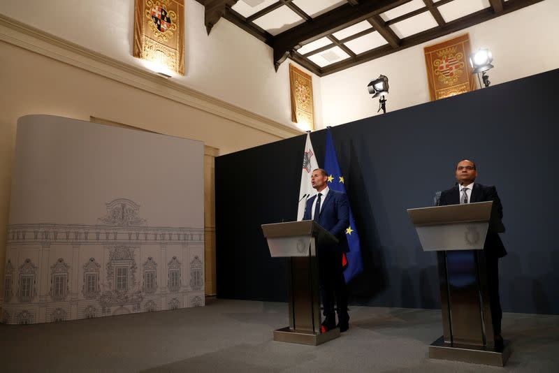 PM Abela and Finance Minister Caruana hold a news conference, in Valletta