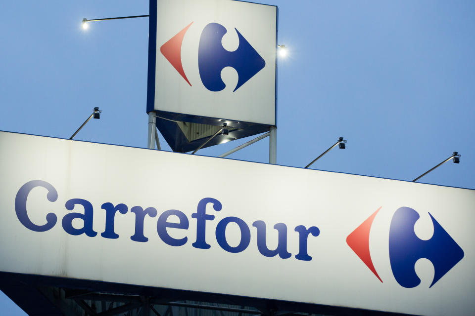 BOLESLAWIEC, POLAND - 2020/02/24: Carrefour logo seen at one of their supermarket stores,. (Photo by Karol Serewis/SOPA Images/LightRocket via Getty Images)