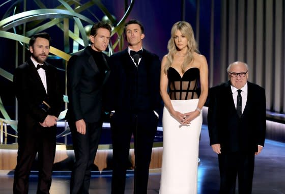 "It's Always Sunny in Philadelphia" cast Charlie Day, Glenn Howerton, Rob McElhenney, Kaitlin Olson and Danny DeVito speak onstage during the 75th Primetime Emmy Awards at Peacock Theater on Jan. 15, 2024.<span class="copyright">Kevin Winter—Getty Images</span>