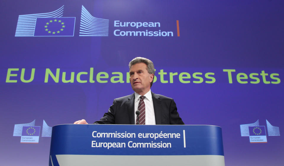 European Commissioner for Energy Guenther Oettinger addresses the media on the risk and safety assessment of nuclear power plants in the EU, at the European Commission headquarters in Brussels, Thursday, Oct. 4, 2012. (AP Photo/Yves Logghe)