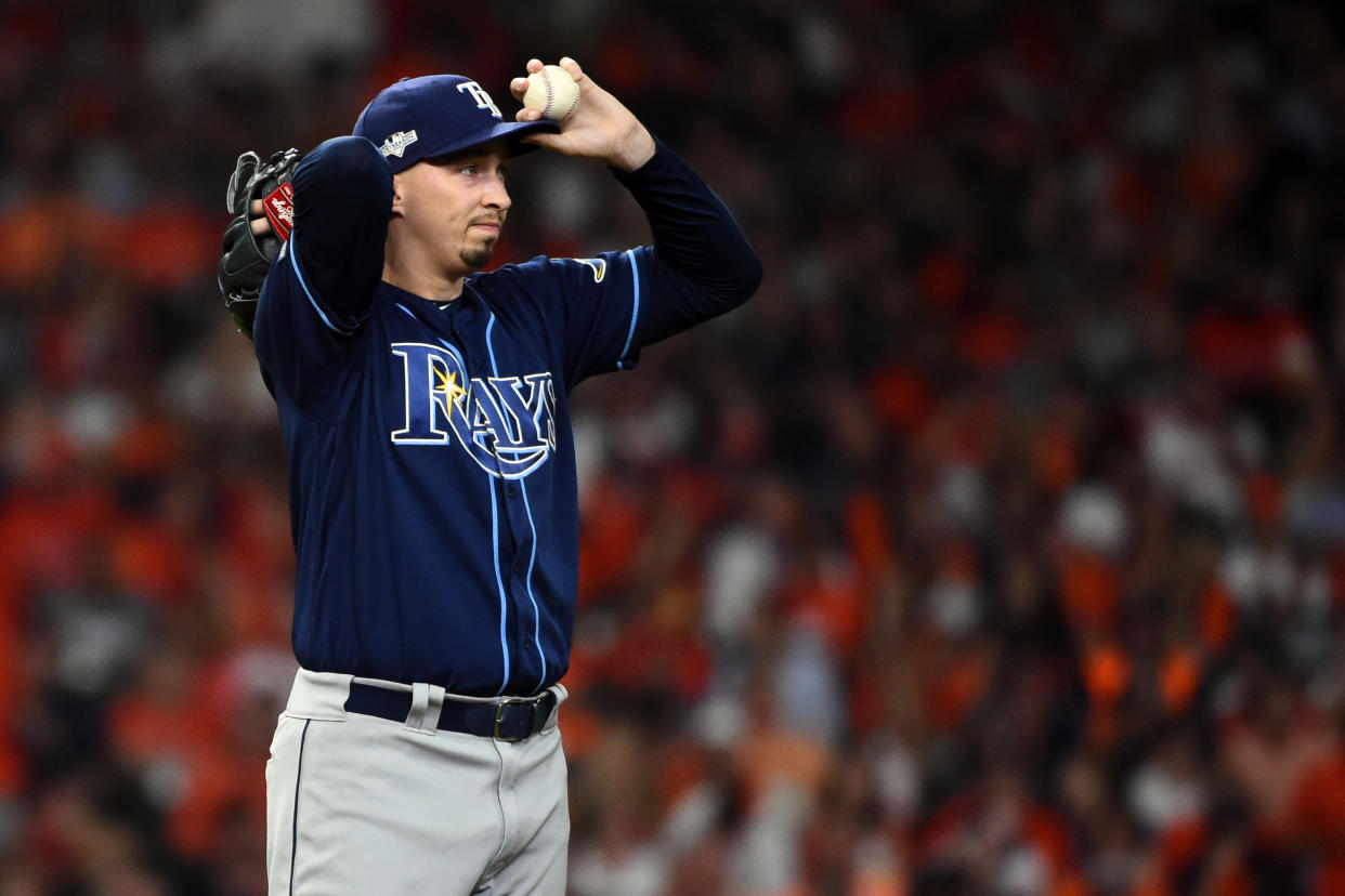 HOUSTON, TX - OCTOBER 10: Blake Snell #4 of the Tampa Bay Rays pitches during Game 5 of the ALDS between the Tampa Bay Rays and the Houston Astros at Minute Maid Park on Thursday, October 10, 2019 in Houston, Texas. (Photo by Cooper Neill/MLB Photos via Getty Images)